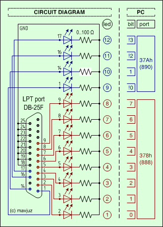 Circuit - How to connect 12 LEDs to the computer's parallel port (LPT)